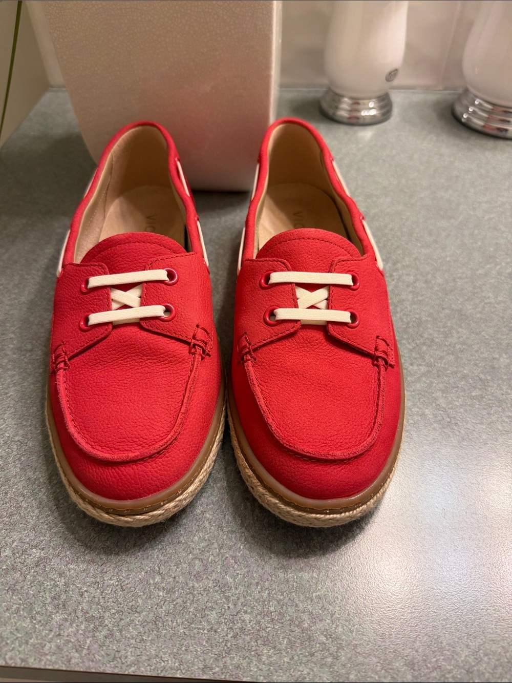 Vionic Red Canvas Moccasin Boat Shoe with Cream Laces